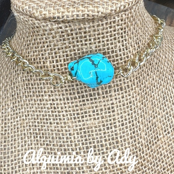 TURQUOISE PENDANT CUBAN CHAIN CHUNKY NECKLACE - Picture 2 of 2